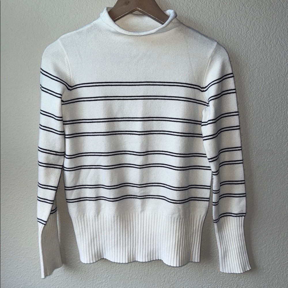 French Connection White and Black Striped Turtleneck Sweater